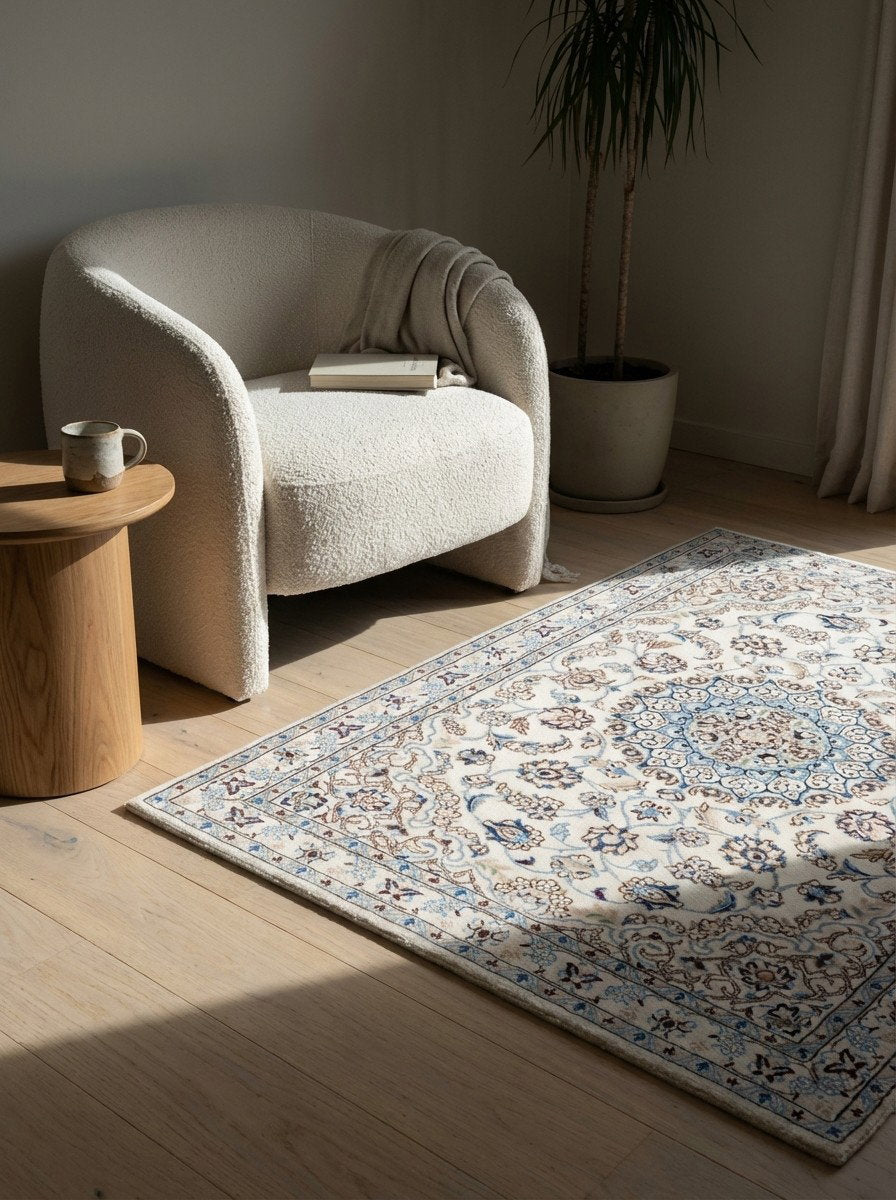 Nain 9La — Handgefertigt, 141x101 cm, Beige, 100% Virgin Wool | Detail view