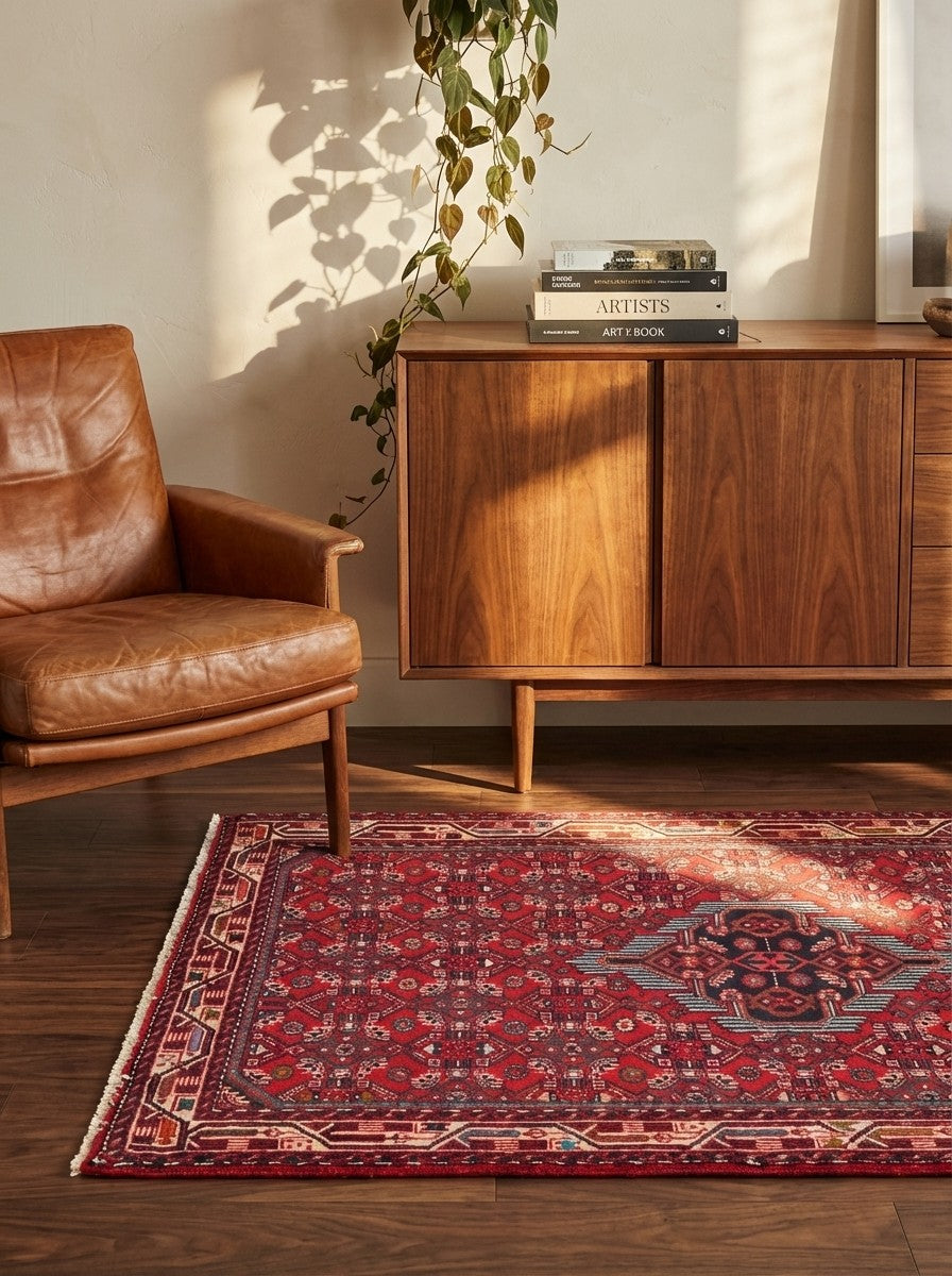 Assadabad — Hand-knotted, 105x151 cm, Red, 100% Virgin Wool | Back view