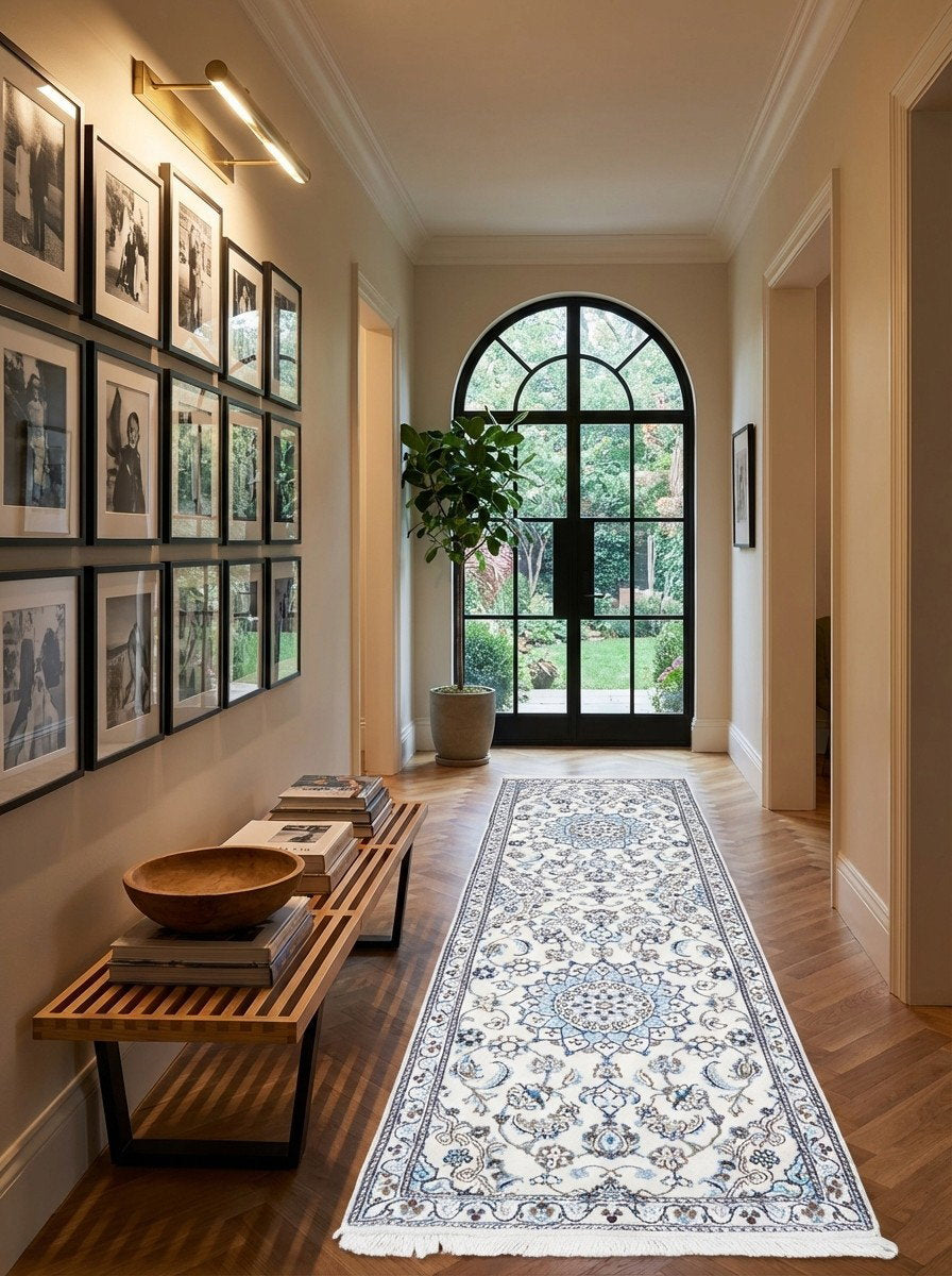 Nain 9La — Handgefertigt, 198x60 cm, Beige,blau, 100% Virgin Wool | Detail view