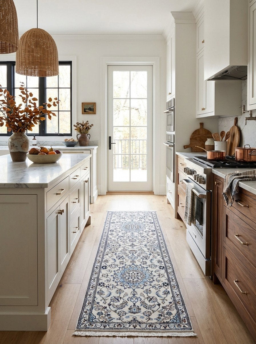 Nain 9La — Handgefertigt, 198x60 cm, Beige,blau, 100% Virgin Wool | Back view