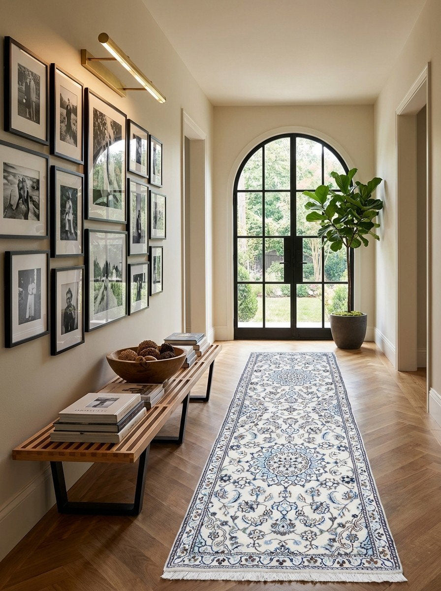 Nain 9La — Handgefertigt, 199x60 cm, Beige,blau, 100% Virgin Wool | Detail view