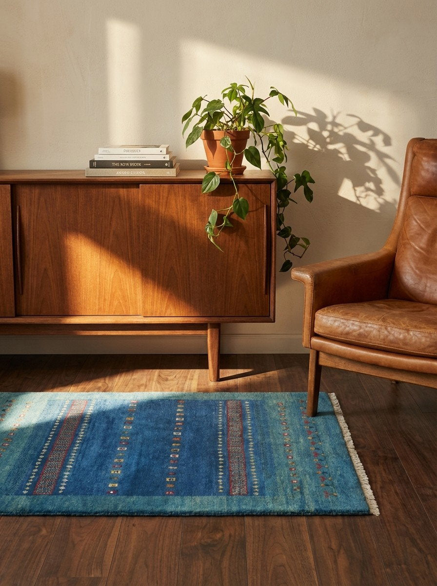 Gabbeh Sonnat — Handgefertigt, 151x107 cm, Blau, 100% Virgin Wool | Back view