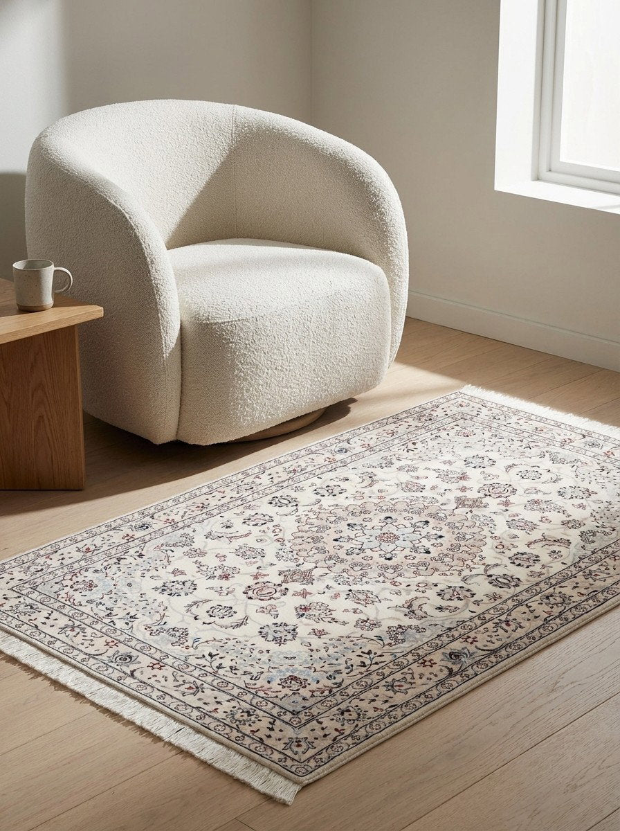 Nain 6La — Handgefertigt, 158x105 cm, Beige, 100% Virgin Wool | Detail view