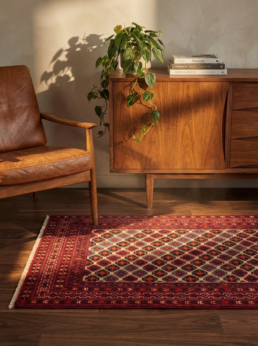 Belutch — Hand-knotted, 126x65 cm, Beige, 100% Virgin Wool | Back view