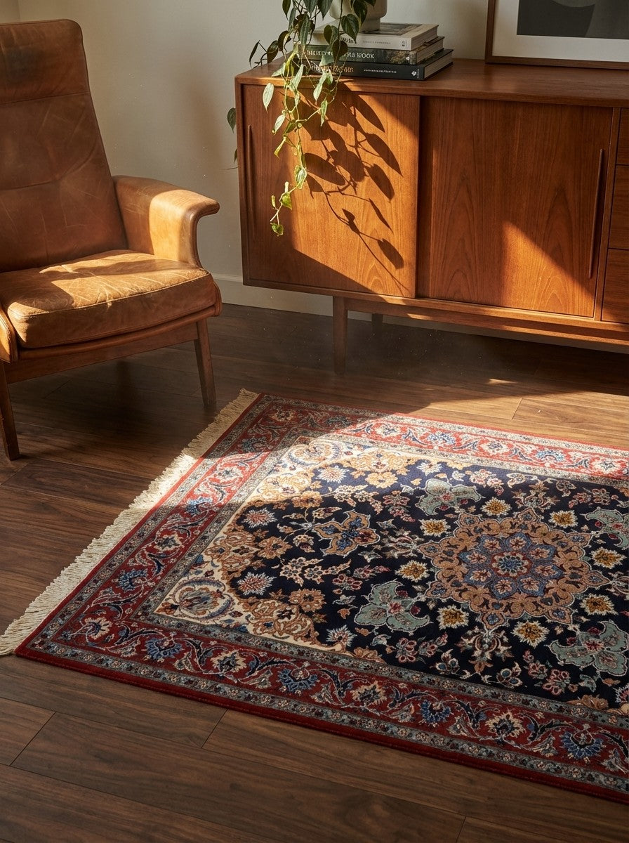 Isfahan — Hand-knotted, 111x161 cm, Blue, 95% Schurwolle, 5% Seide | Back view
