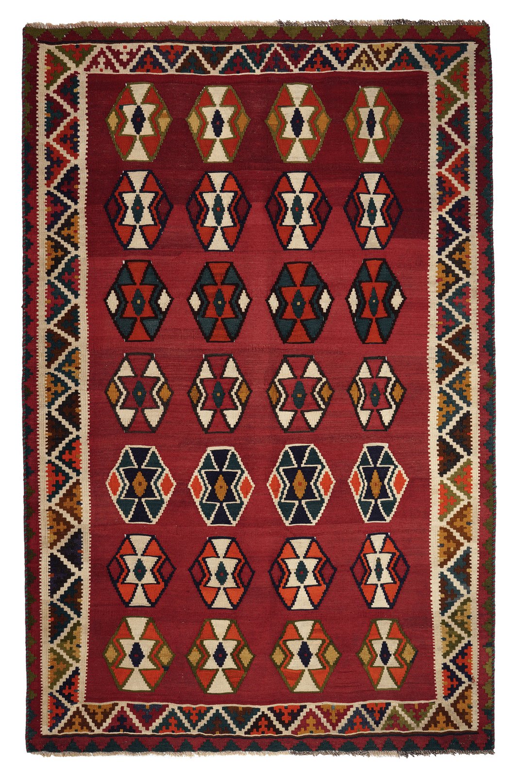 Kelim Gashgai Old — Handmade, 147x232 cm, Red, 100% Virgin Wool | Main view