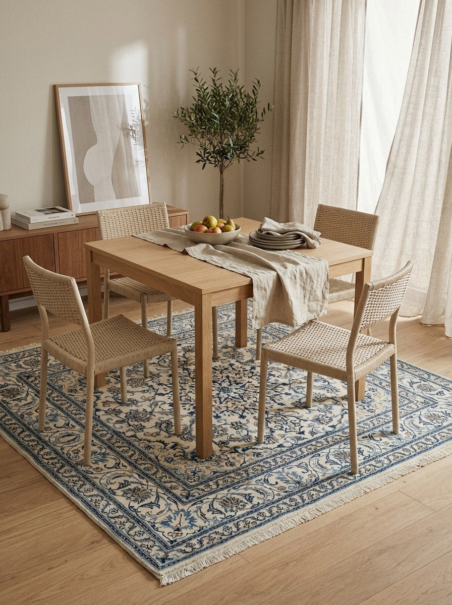 Nain 12La — Handgefertigt, 196x197 cm, Beige,blau, 100% Virgin Wool | Detail view