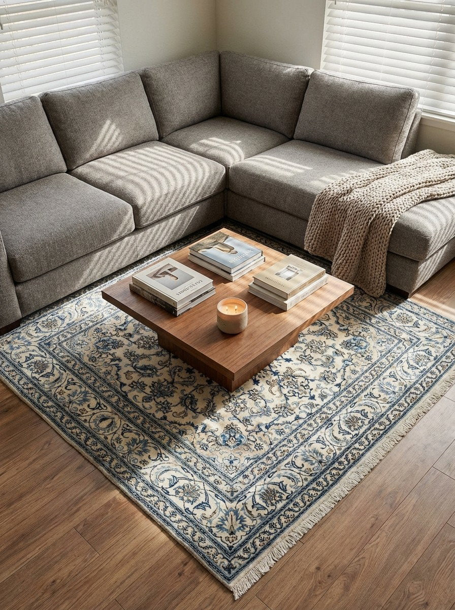 Nain 12La — Handgefertigt, 196x197 cm, Beige,blau, 100% Virgin Wool | Back view