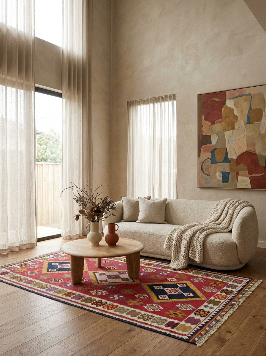 Kelim Gashgai Old — Handmade, 158x290 cm, Red, 100% Virgin Wool | Detail view