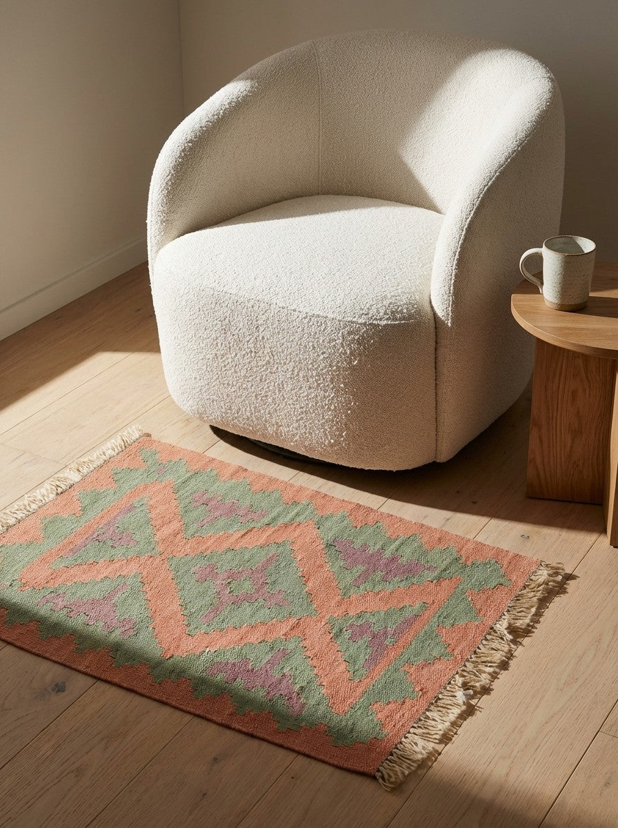 Kelim Gashgai — Handmade, 43x59 cm, Pink, 100% Virgin Wool | Detail view