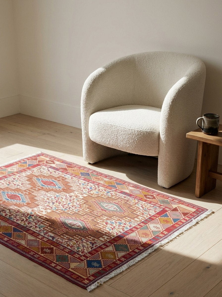 Sumak Shahsavan — Handgefertigt, 141x109 cm, Beige, 100% Virgin Wool | Detail view