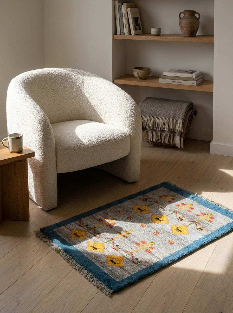 Gabbeh Sonnat — Hand-knotted, 58x88 cm, Grey, 100% Virgin Wool | Detail view