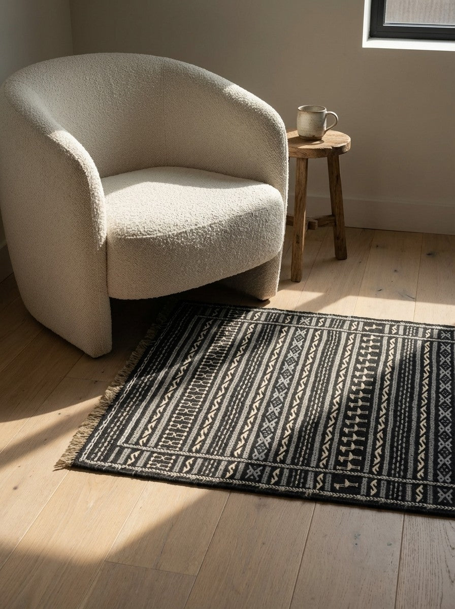 Kelim Kordi — Handmade, 84x121 cm, Black, 100% Virgin Wool | Detail view