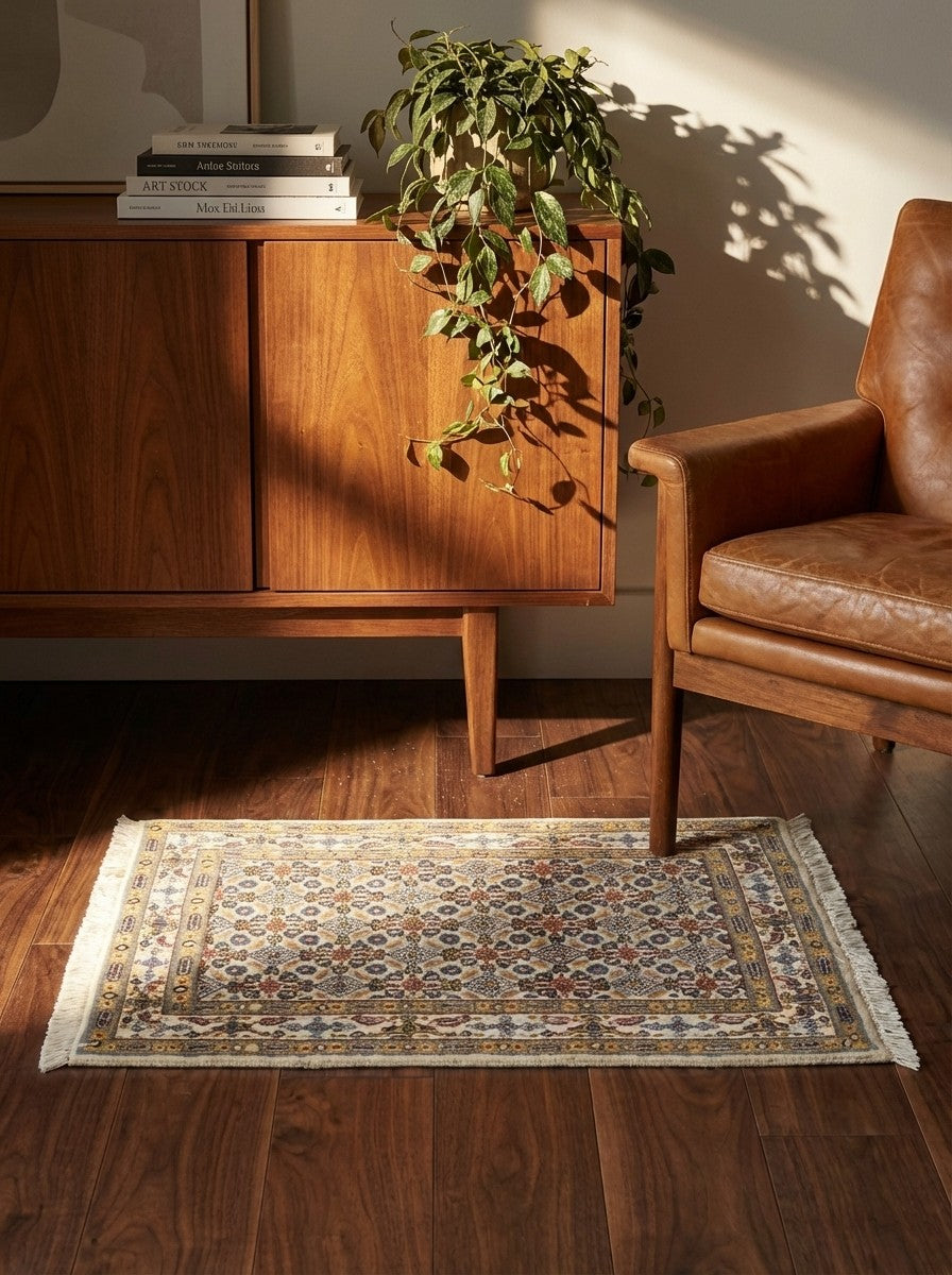 Moud Mahi — Hand-knotted, 59x86 cm, Beige, 100% Virgin Wool | Back view