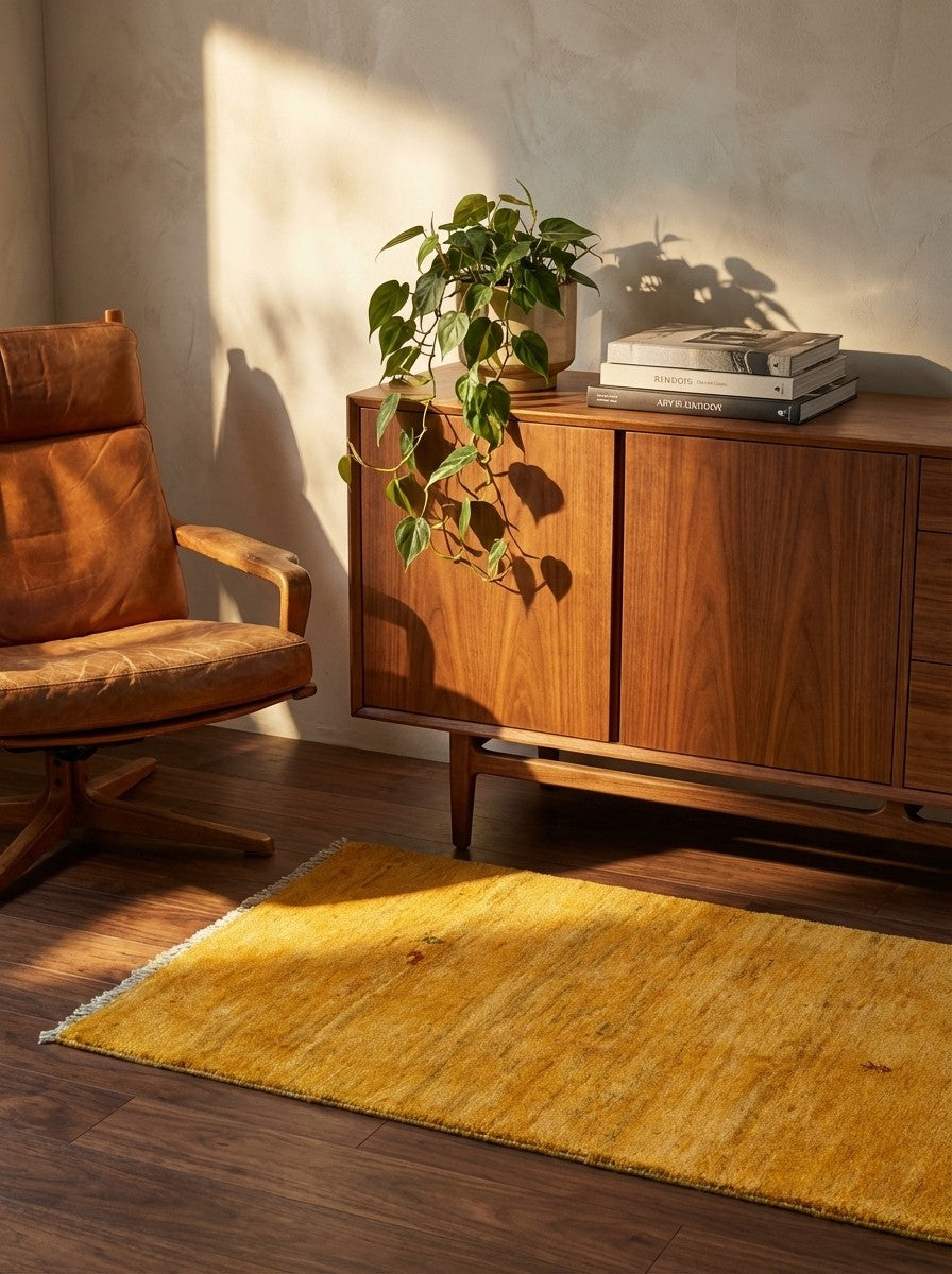 Gabbeh — Hand-knotted, 73x93 cm, Yellow, 100% Virgin Wool | Back view