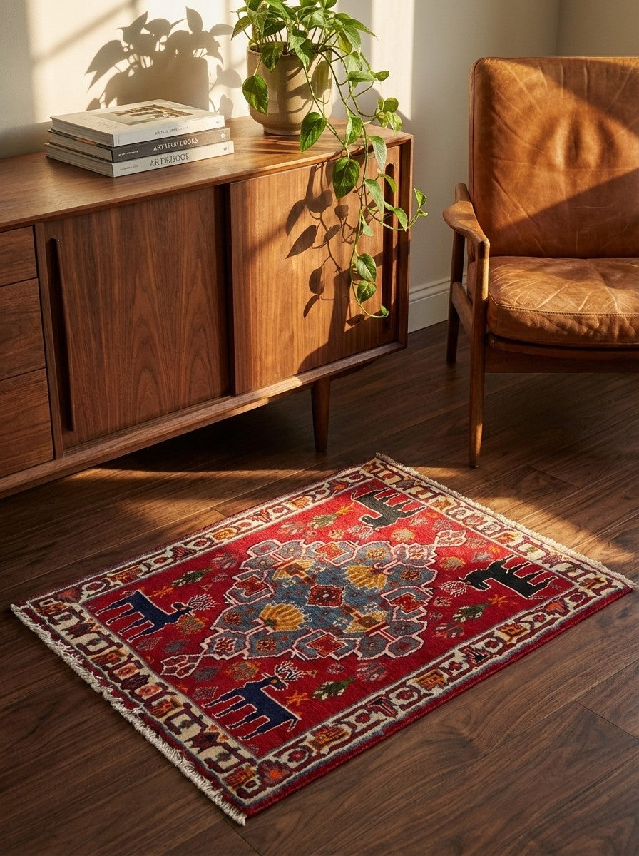 Gashgai — Hand-knotted, 55x66 cm, Red, 100% Virgin Wool | Back view