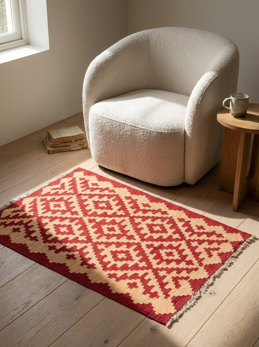 Kelim Gashgai — Handmade, 84x122 cm, Red, 100% Virgin Wool | Detail view