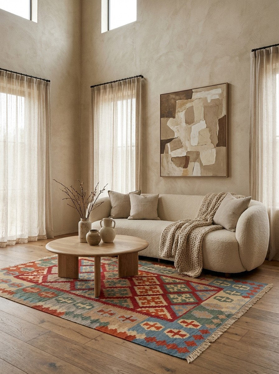 Kelim Gashgai — Handgefertigt, 178x123 cm, Bunt, 100% Virgin Wool | Detail view