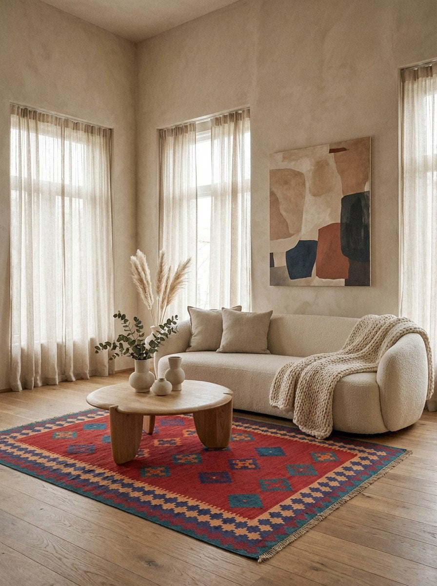 Kelim Gashgai — Handgefertigt, 176x125 cm, Blau, 100% Virgin Wool | Detail view