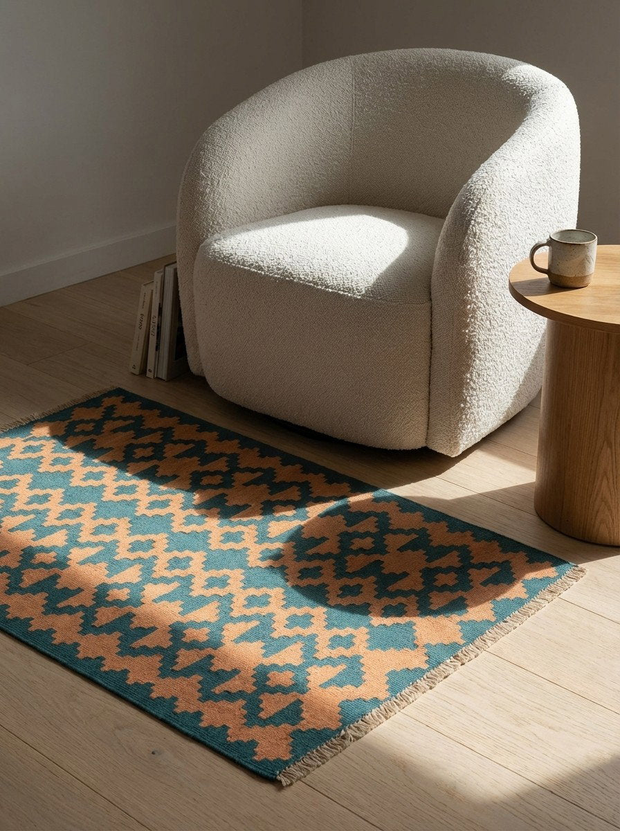 Kelim Gashgai — Handgefertigt, 125x82 cm, Beige, 100% Virgin Wool | Detail view