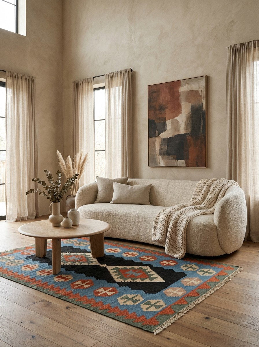 Kelim Gashgai — Handgefertigt, 181x126 cm, Blau, 100% Virgin Wool | Detail view