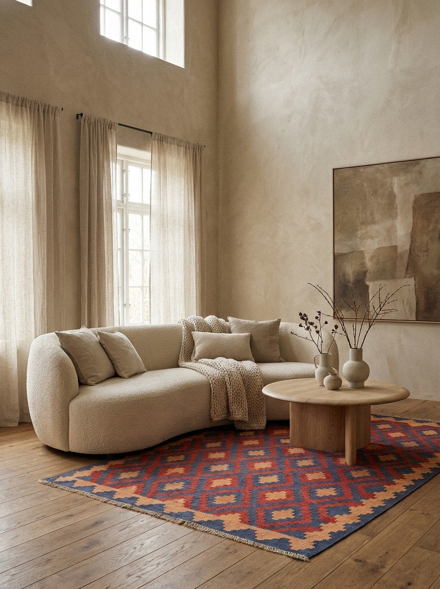 Kelim Gashgai — Handgefertigt, 182x129 cm, Beige, 100% Virgin Wool | Detail view