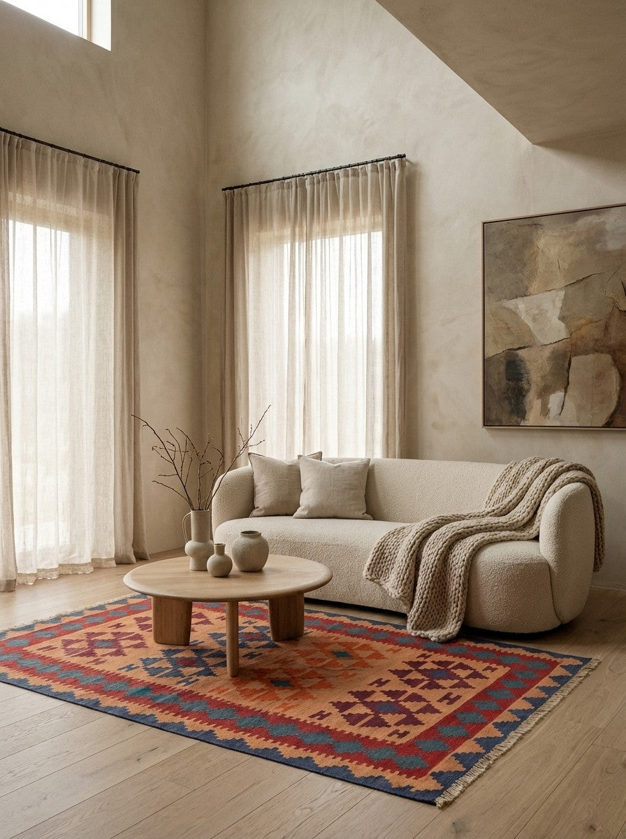 Kelim Gashgai — Handmade, 122x189 cm, Beige, 100% Virgin Wool | Detail view