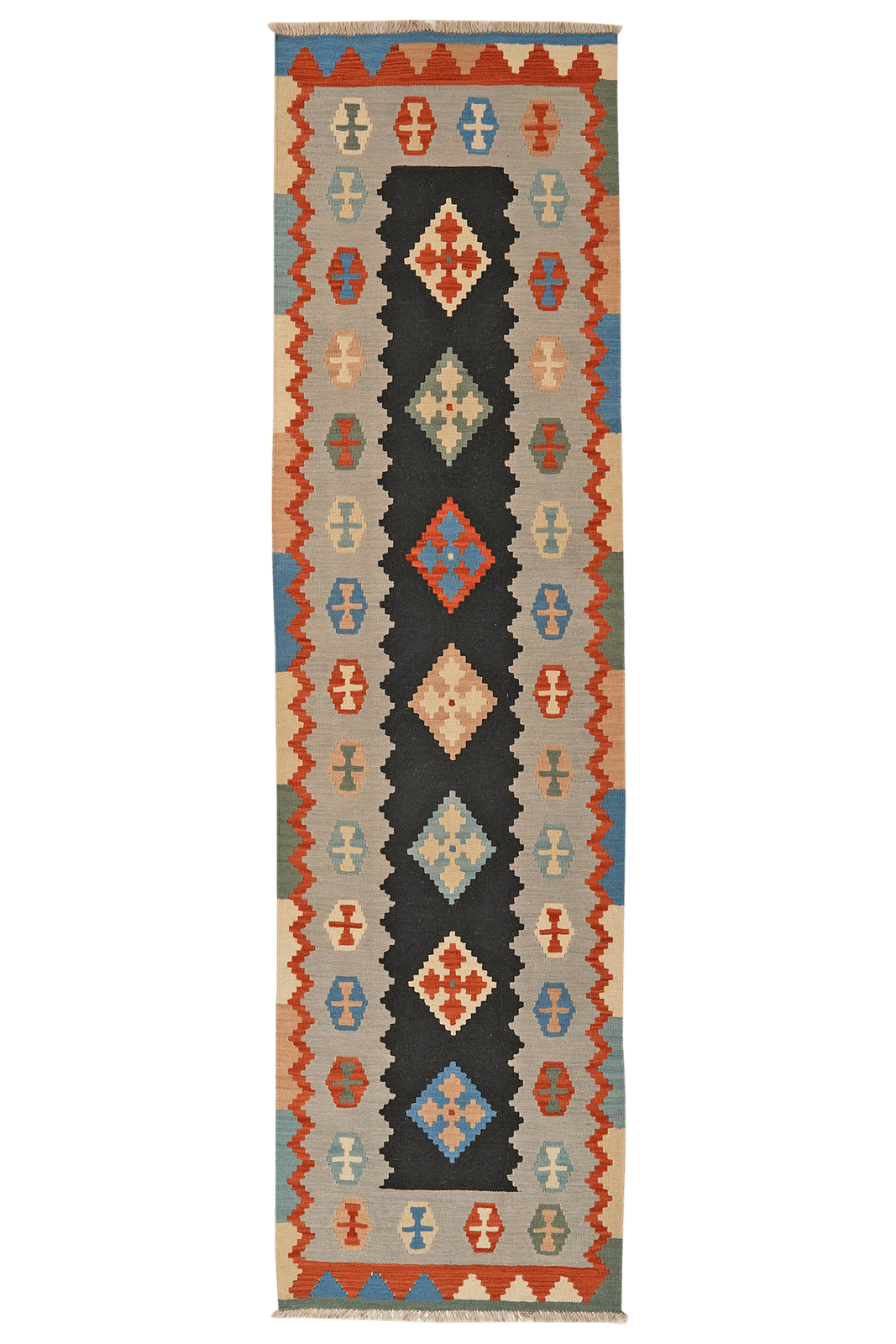 Kelim Gashgai — Handmade, 85x306 cm, Black, 100% Virgin Wool | Main view