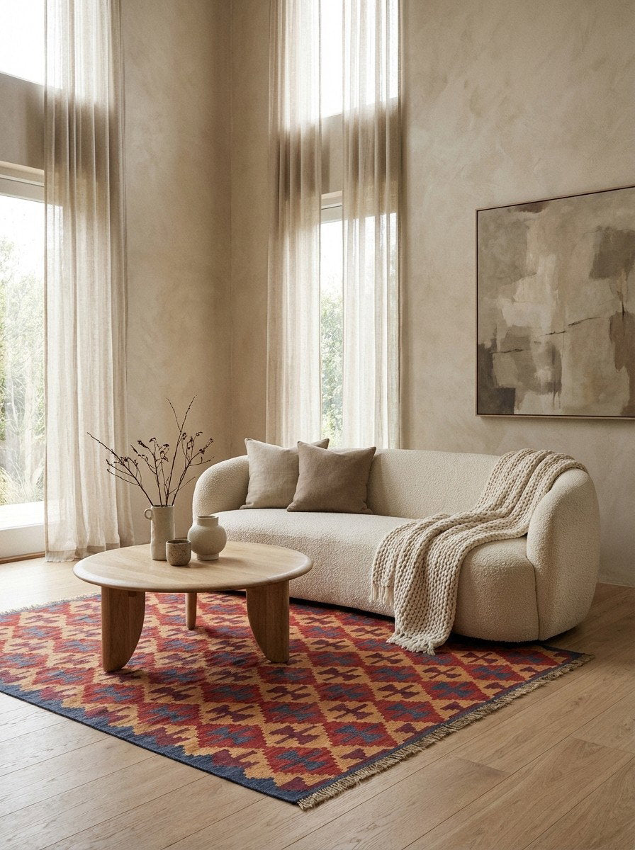 Kelim Gashgai — Handgefertigt, 195x156 cm, Blau, 100% Virgin Wool | Detail view