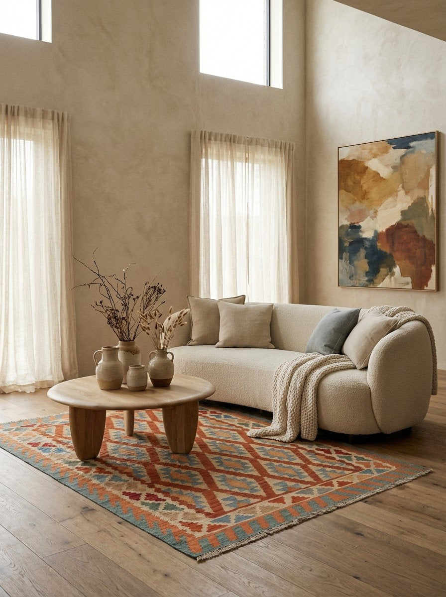 Kelim Gashgai — Handgefertigt, 188x154 cm, Beige, 100% Virgin Wool | Detail view