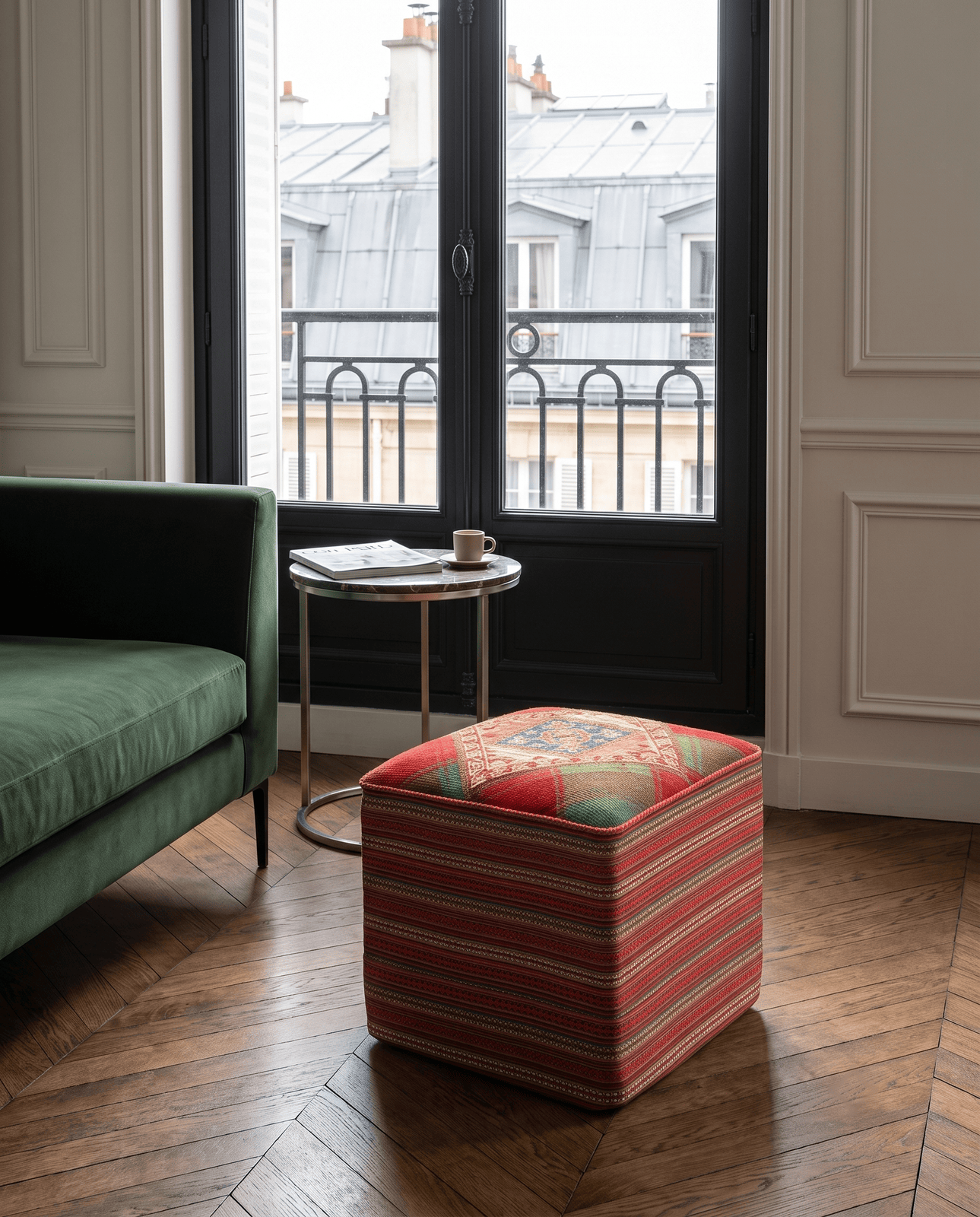 Kelim Pouf — Handmade, 47x47 cm, Multicolor, 100% Virgin Wool | Detail view