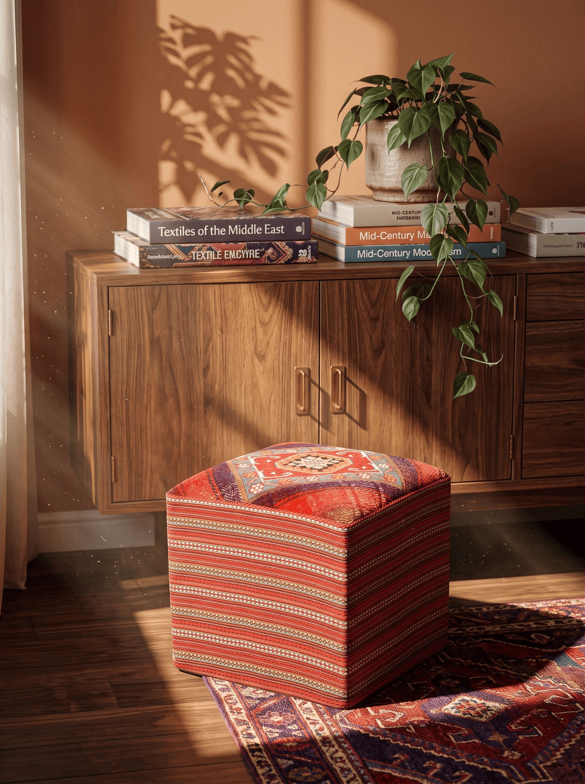 Kelim Pouf — Handmade, 47x47 cm, Multicolor, 100% Virgin Wool | Detail view