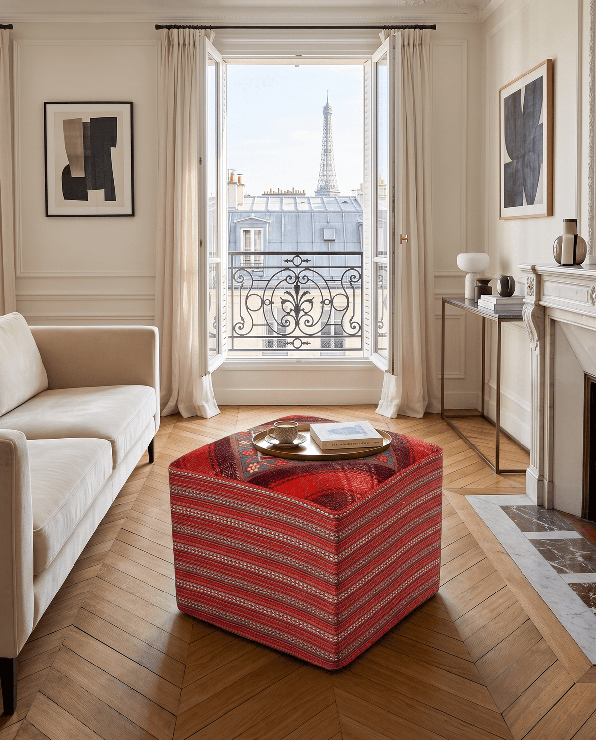 Kelim Pouf — Handmade, 47x47 cm, Multicolor, 100% Virgin Wool | Back view