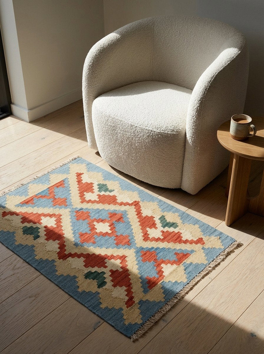 Kelim Gashgai — Handgefertigt, 92x66 cm, Durchgemustert, 100% Virgin Wool | Detail view