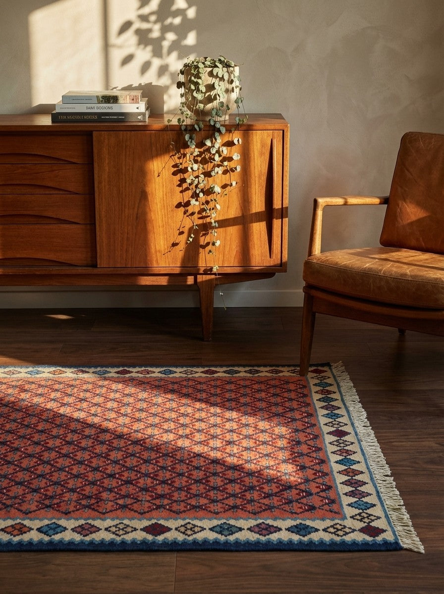 Kelim Senneh — Handmade, 107x147 cm, Pink, 100% Virgin Wool | Back view