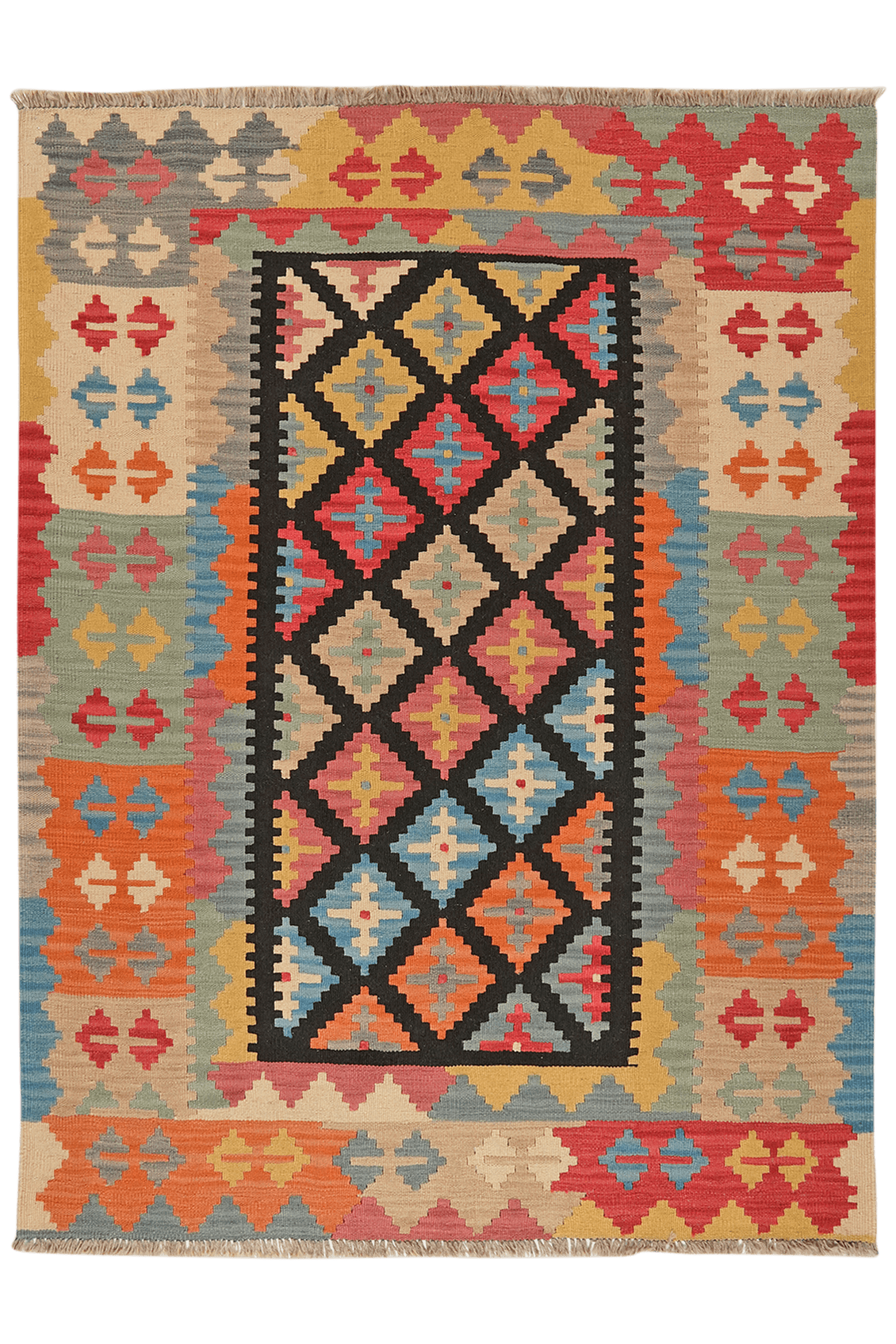 Kelim Gashgai — Handmade, 145x191 cm, Black, 100% Virgin Wool | Main view