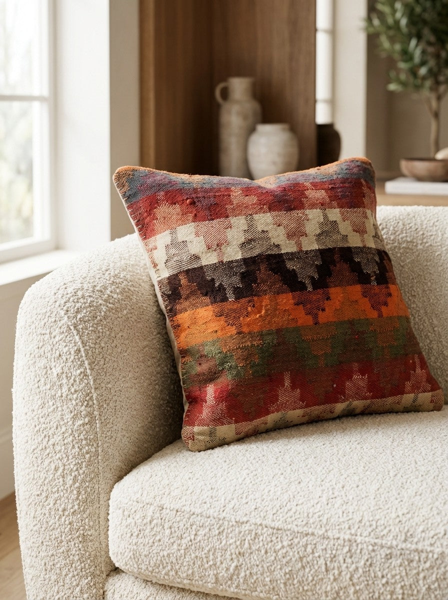 Kelim Kissen — Handmade, 65x65 cm, Multicolor, 100% Virgin Wool | Detail view
