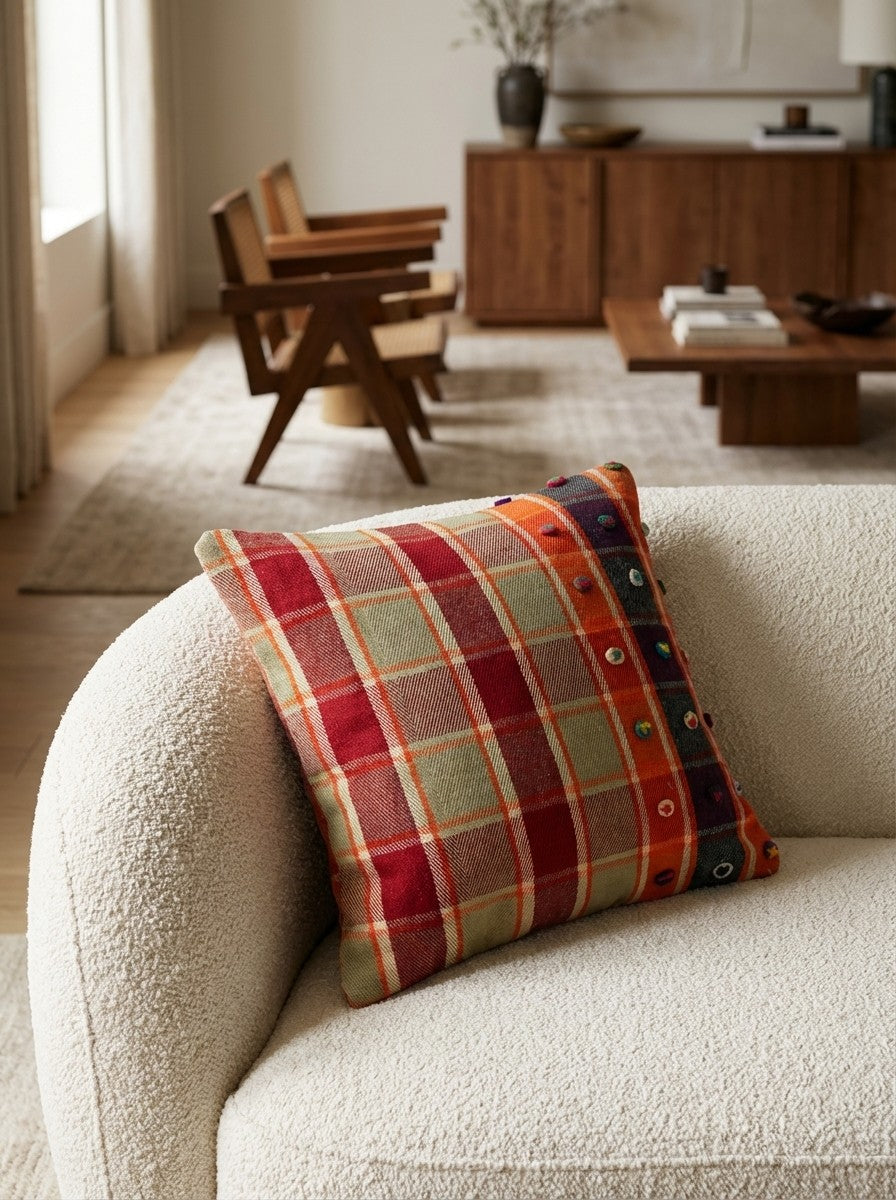 Kelim Kissen — Handmade, 65x65 cm, Multicolor, 100% Virgin Wool | Detail view