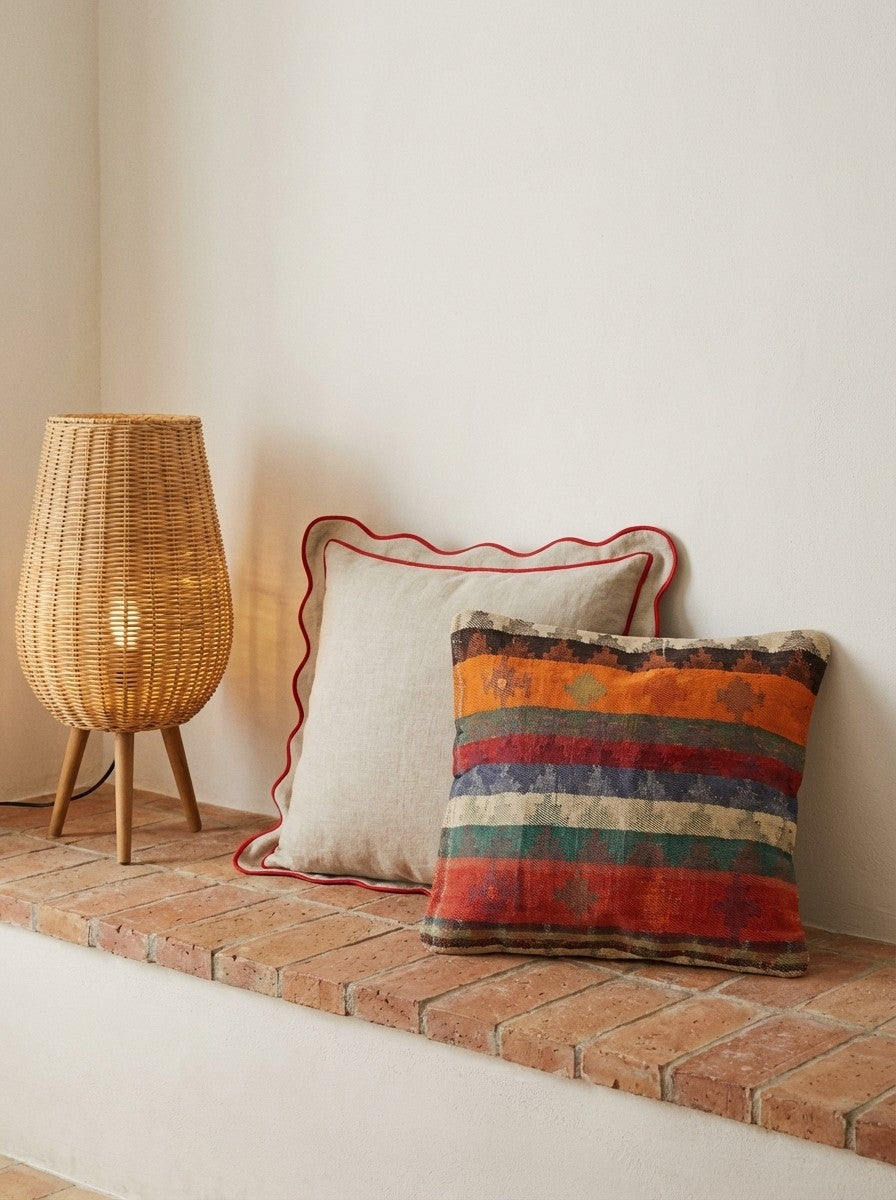 Kelim Kissen — Handmade, 65x65 cm, Multicolor, 100% Virgin Wool | Back view