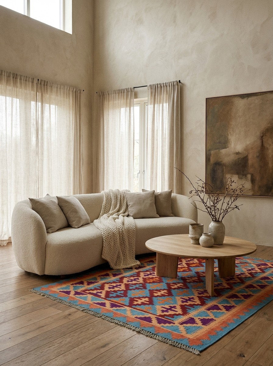 Kelim Gashgai — Handgefertigt, 179x122 cm, Beige, 100% Virgin Wool | Detail view