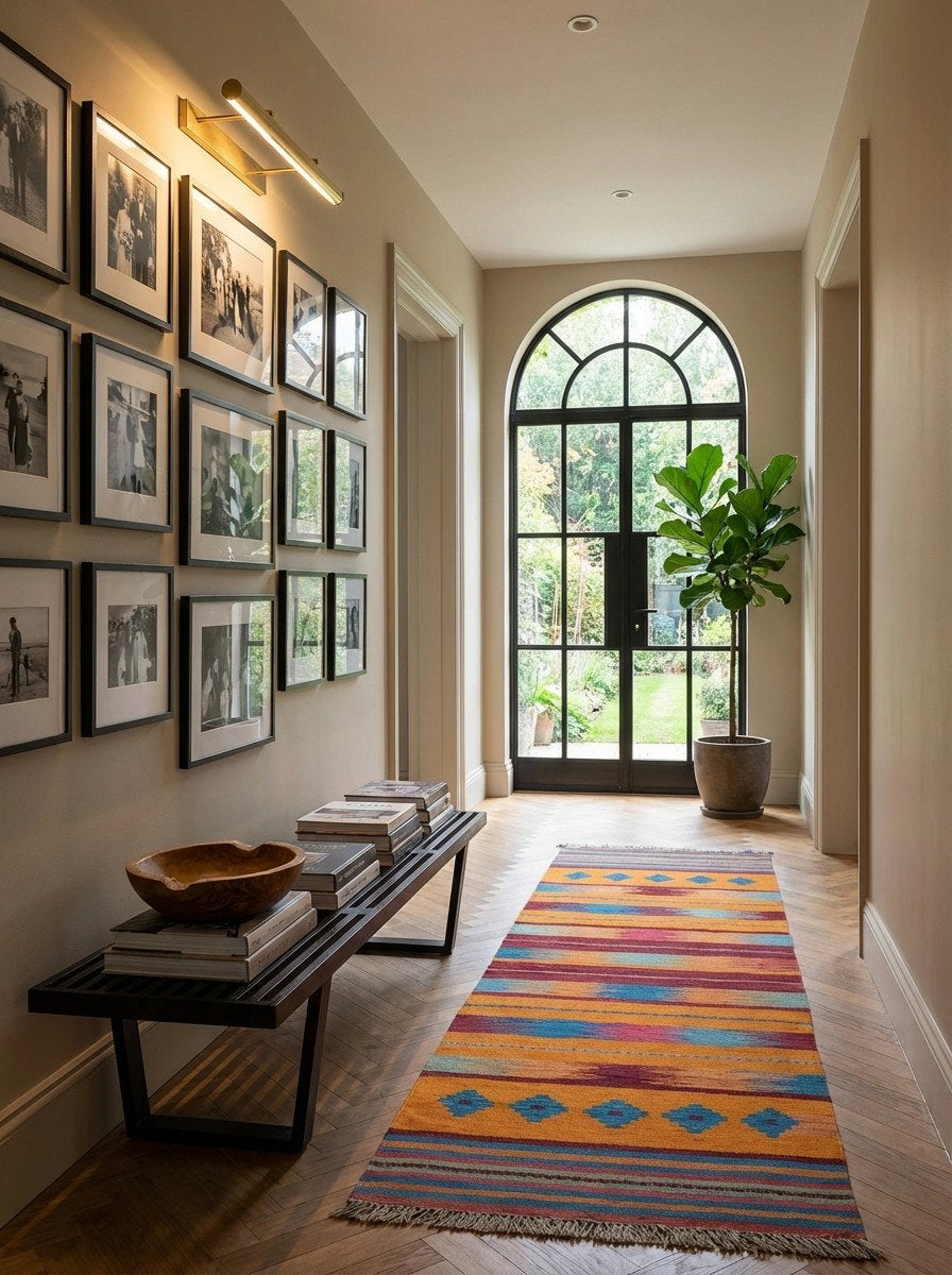 Kelim Gashgai — Handgefertigt, 212x66 cm, Bunt, 100% Virgin Wool | Detail view