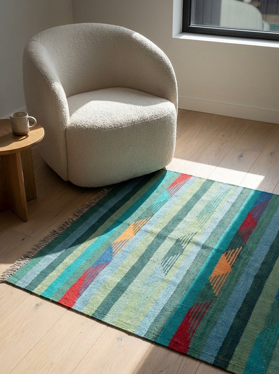 Kelim Gashgai — Handmade, 102x154 cm, Blue, 100% Virgin Wool | Detail view