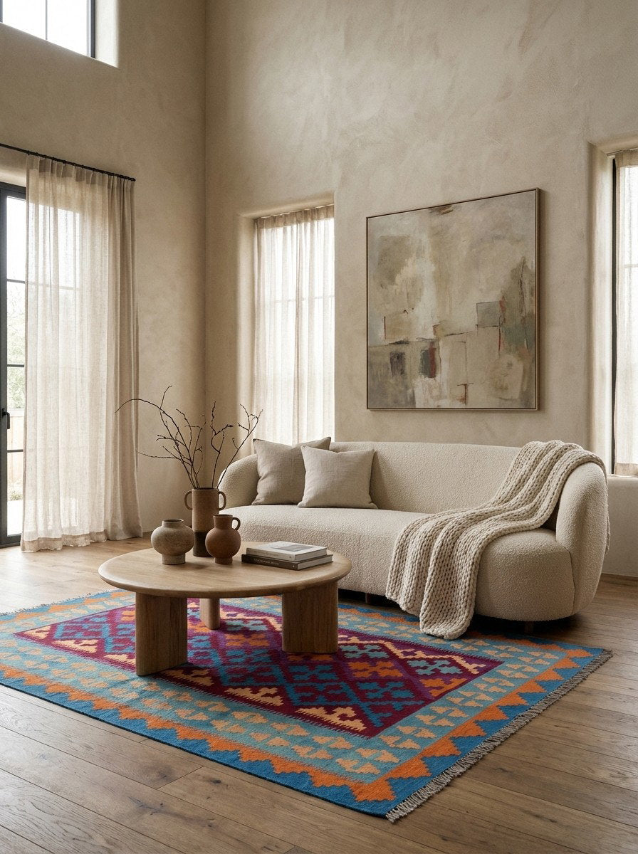 Kelim Gashgai — Handgefertigt, 179x125 cm, Blau, 100% Virgin Wool | Detail view