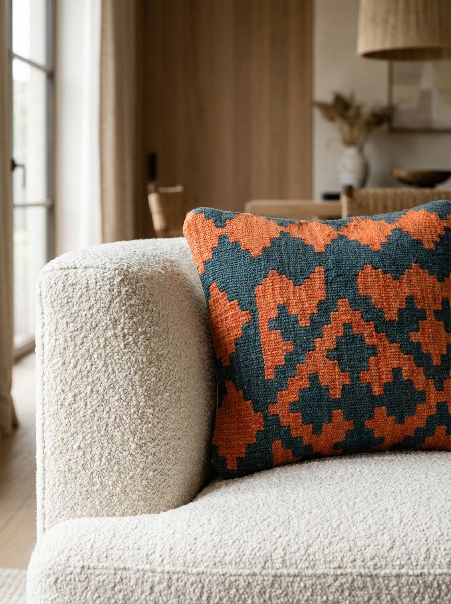 Kelim Kissen — Handmade, 40x40 cm, Multicolor, 100% Virgin Wool | Detail view