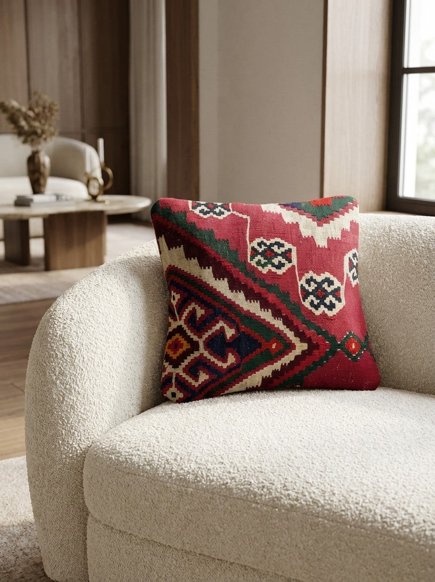 Kelim Kissen — Handmade, 40x40 cm, Multicolor, 100% Virgin Wool | Detail view