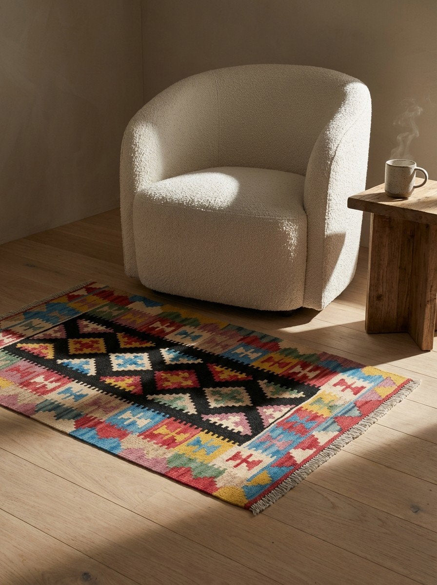 Kelim Gashgai — Handgefertigt, 123x84 cm, Bunt, 100% Virgin Wool | Detail view