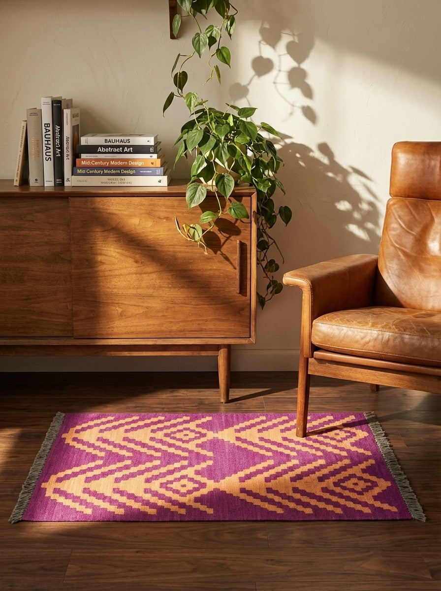 Kelim Gashgai — Handmade, 64x94 cm, Violett, 100% Virgin Wool | Back view
