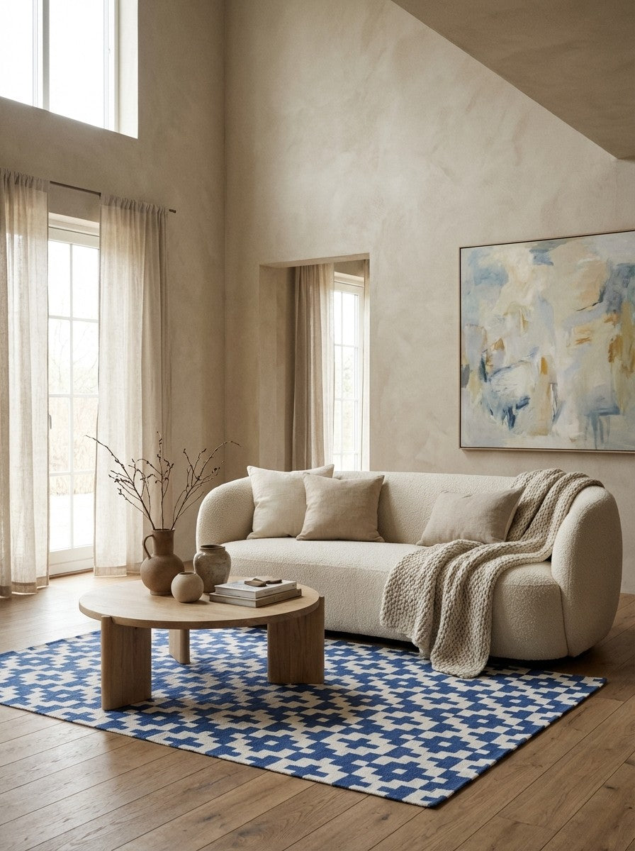 Dhurrie — Handmade, 230x160 cm, Blue, 100% Polyester | Detail view