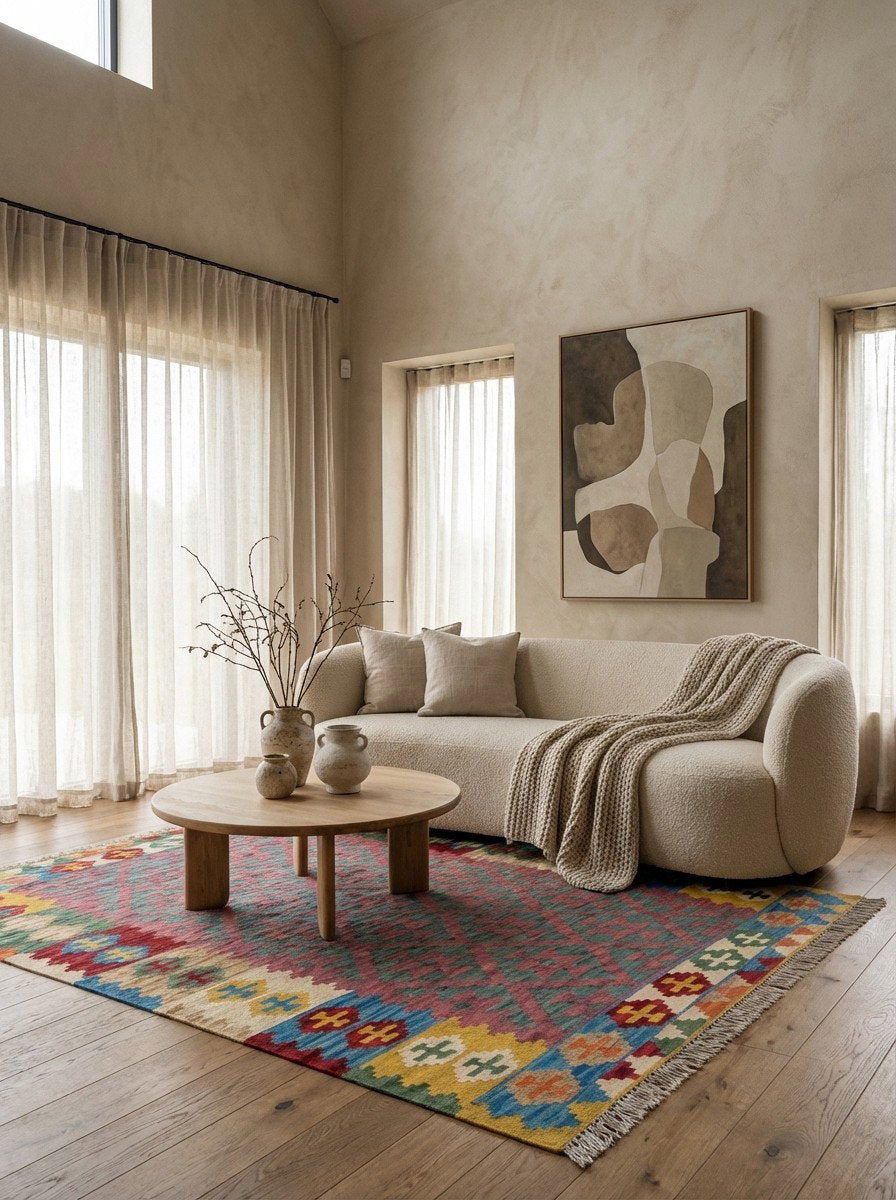 Kelim Gashgai — Handgefertigt, 193x151 cm, Bunt, 100% Virgin Wool | Detail view