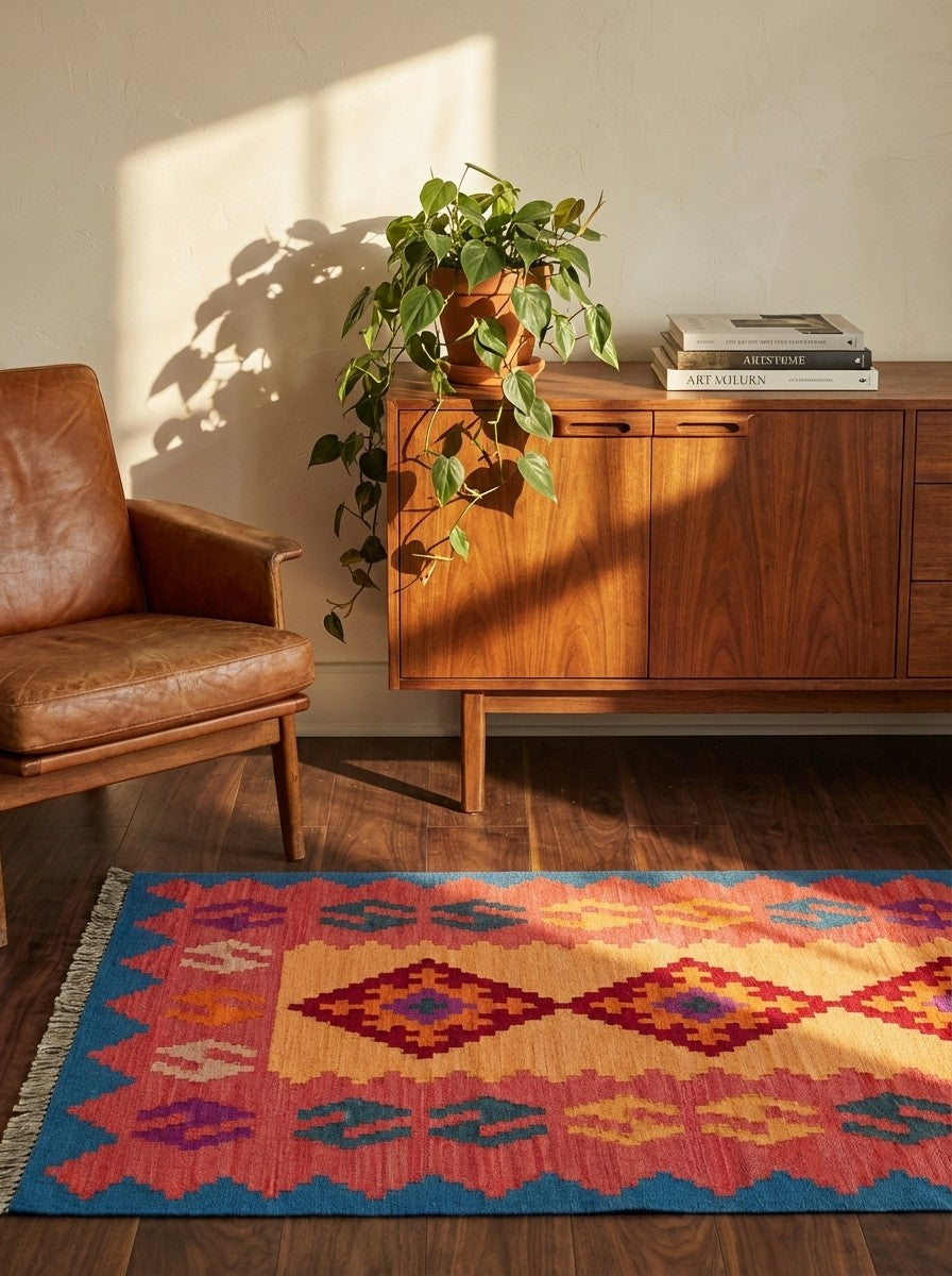 Kelim Gashgai — Handmade, 85x125 cm, Orange, 100% Virgin Wool | Back view
